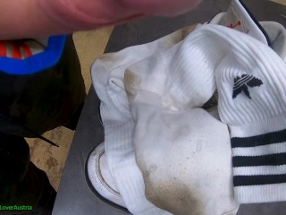 Cumming on worn white Adidas Crew socks